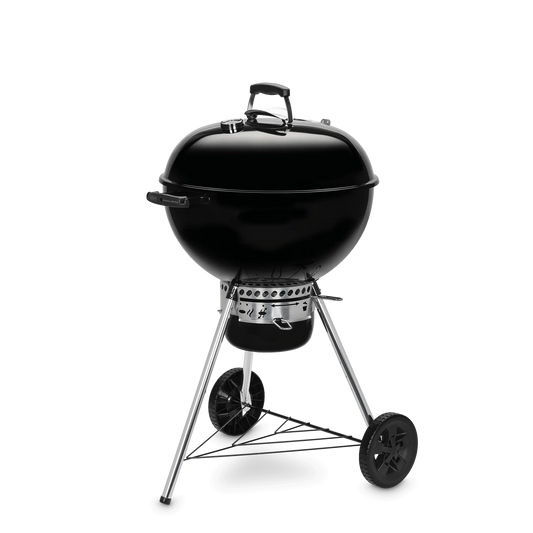 Black Weber Original Kettle 57cm charcoal grill with lid and vent, perfect for outdoor barbecuing and grilling.