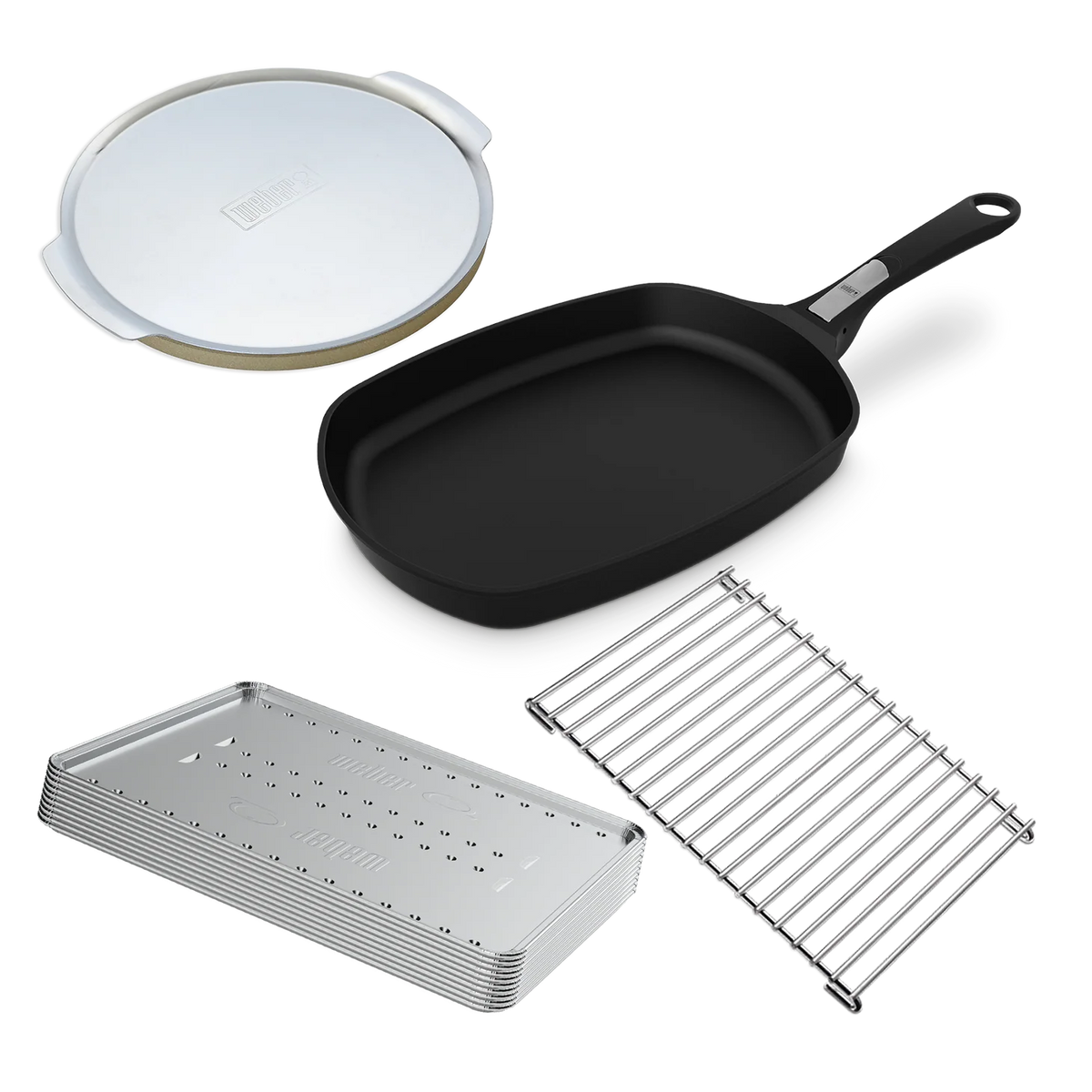 Weber Essentials Pack Baby Q bundle with portable gas grill, accessories, and starter tools for outdoor barbecues.