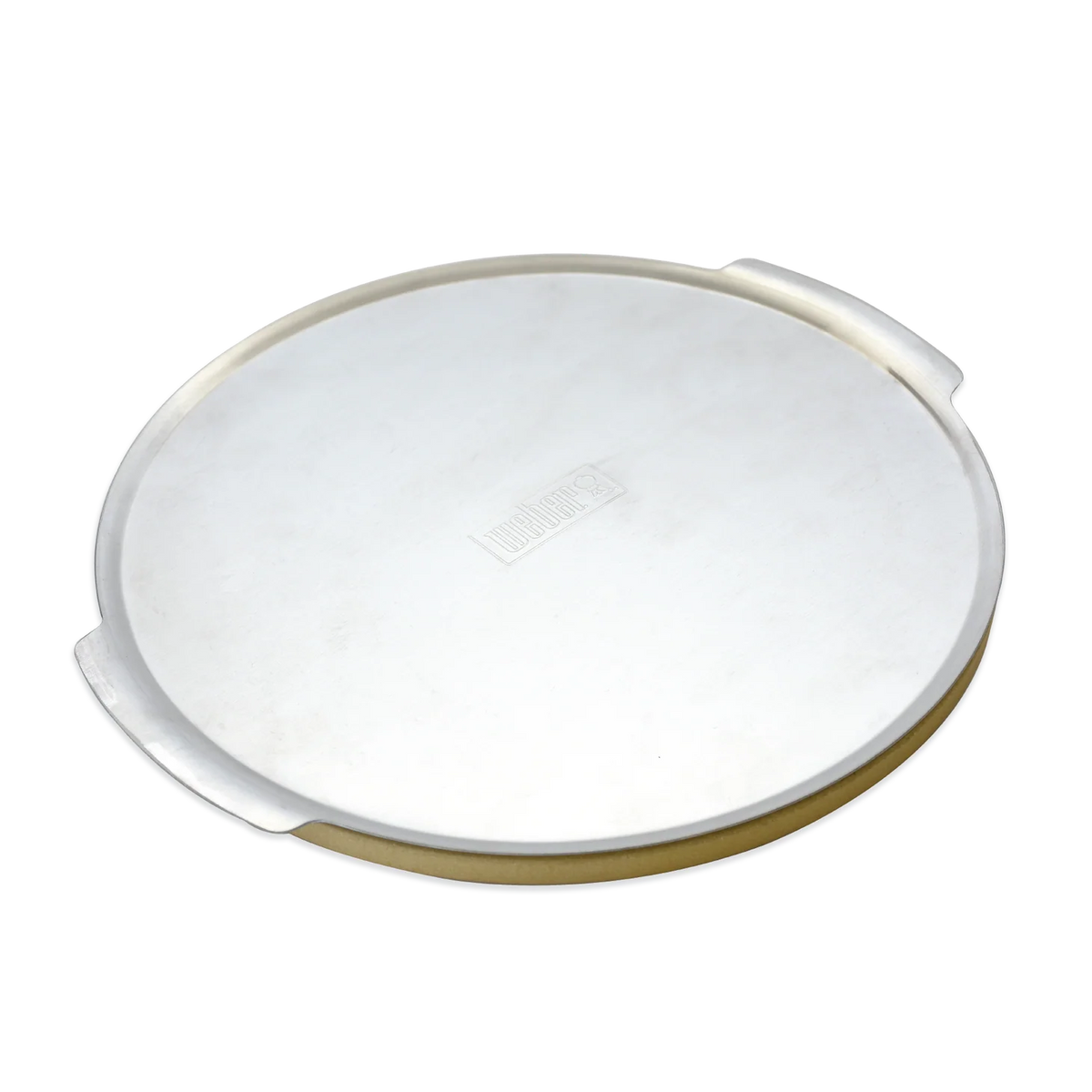 Large Weber Q Pizza Stone for pizza grilling, showing a round stone with a textured surface on a grill.