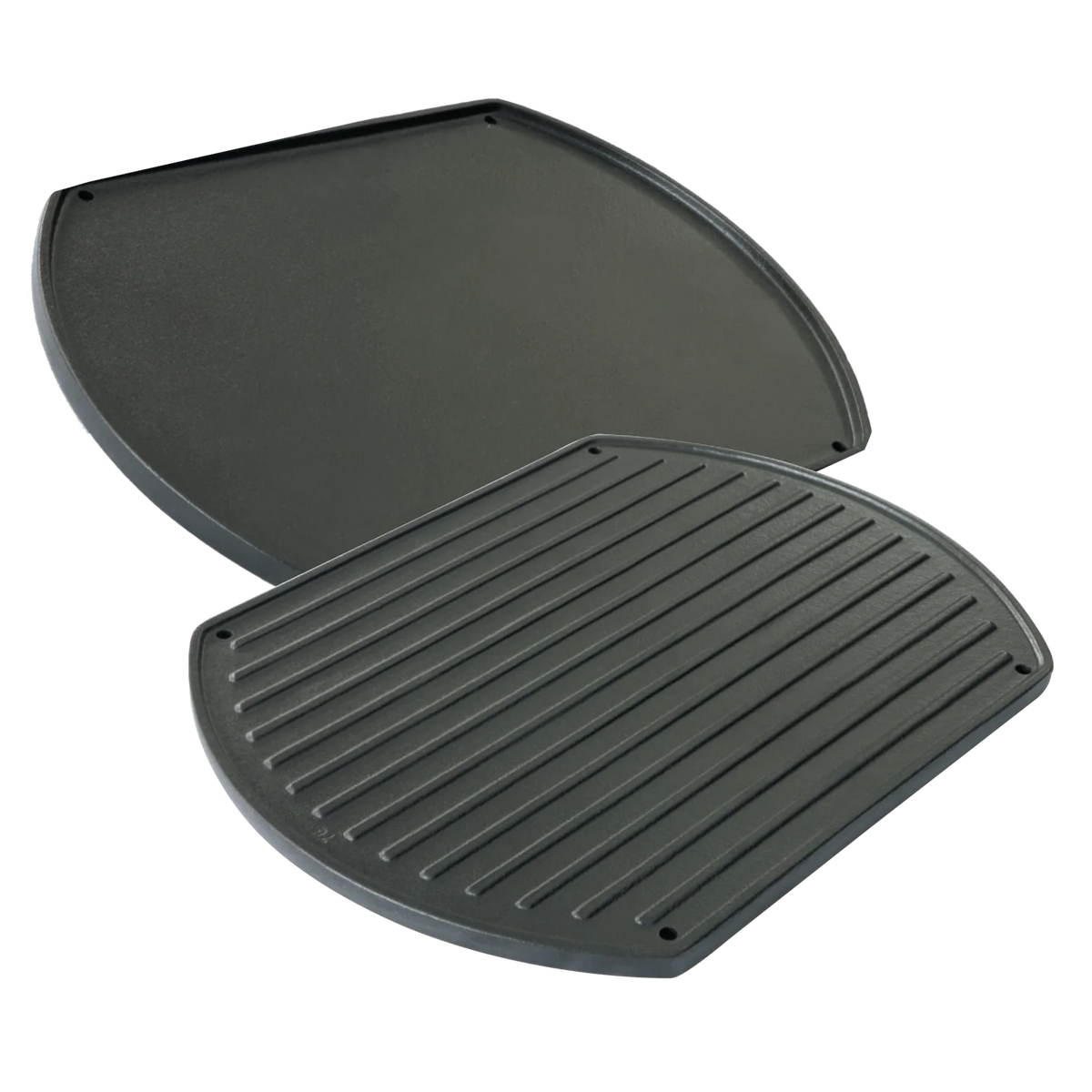 Weber Q breakfast plate hotplate with family meal setup, showing grilling surface and cooked breakfast items on a Weber grill.
