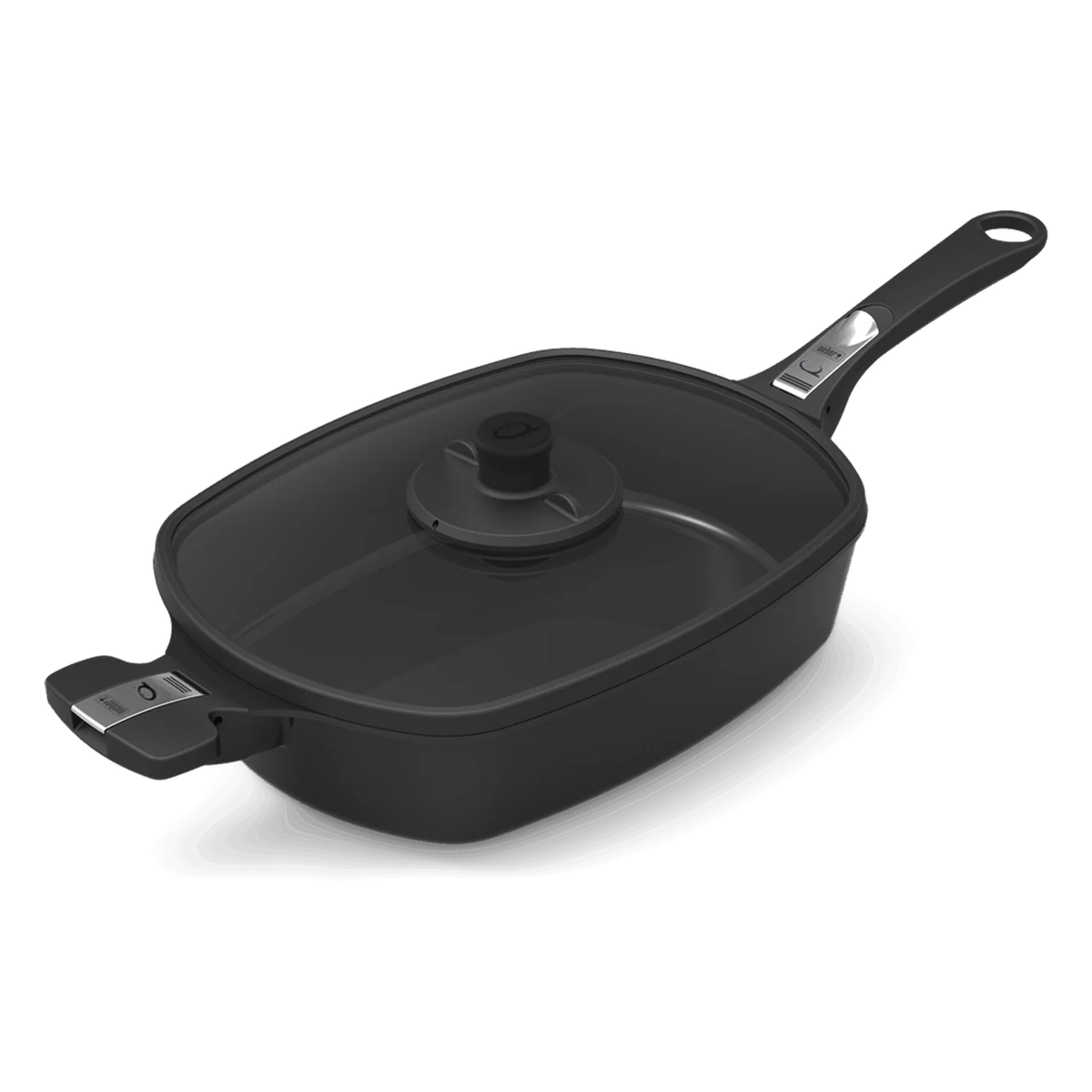 Weber Q Ware small casserole dish with a white ceramic interior and a black handle, ideal for baking and serving.