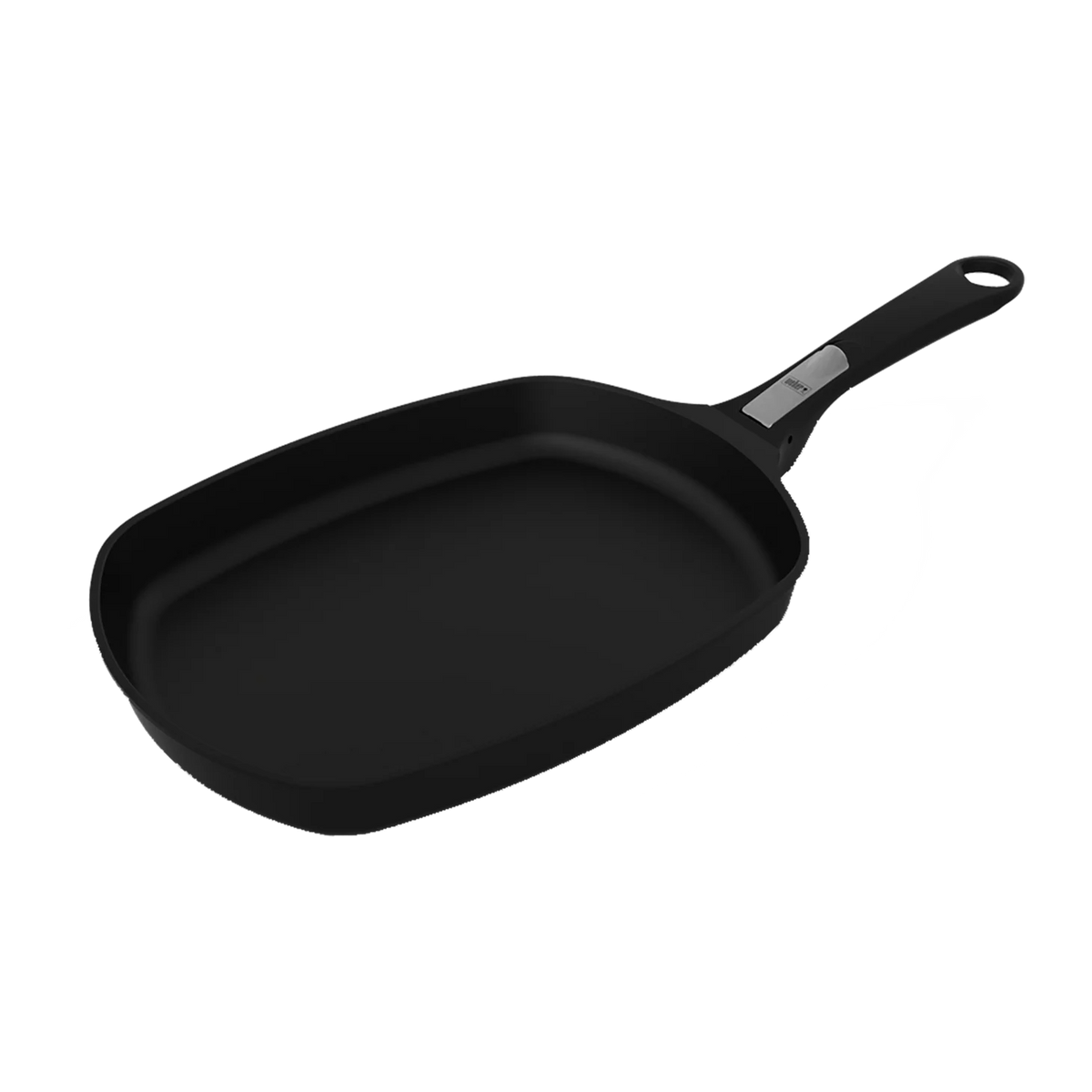 Large Weber Q/Weber Ware frying pan with a non-stick surface, black handle, and sturdy construction for versatile cooking.