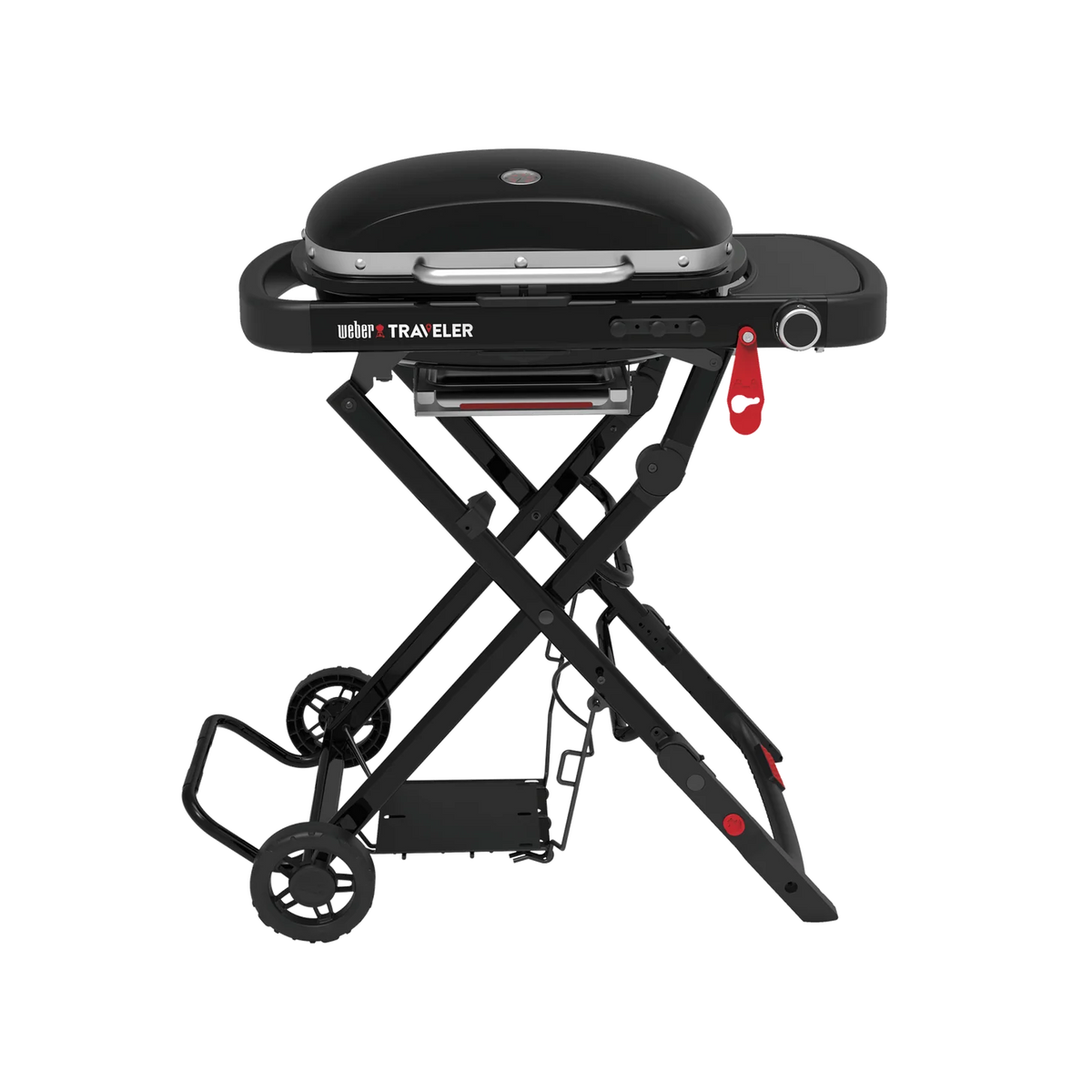 Black Weber Traveler portable gas grill with compact design and metal lid, perfect for outdoor cooking and travel.