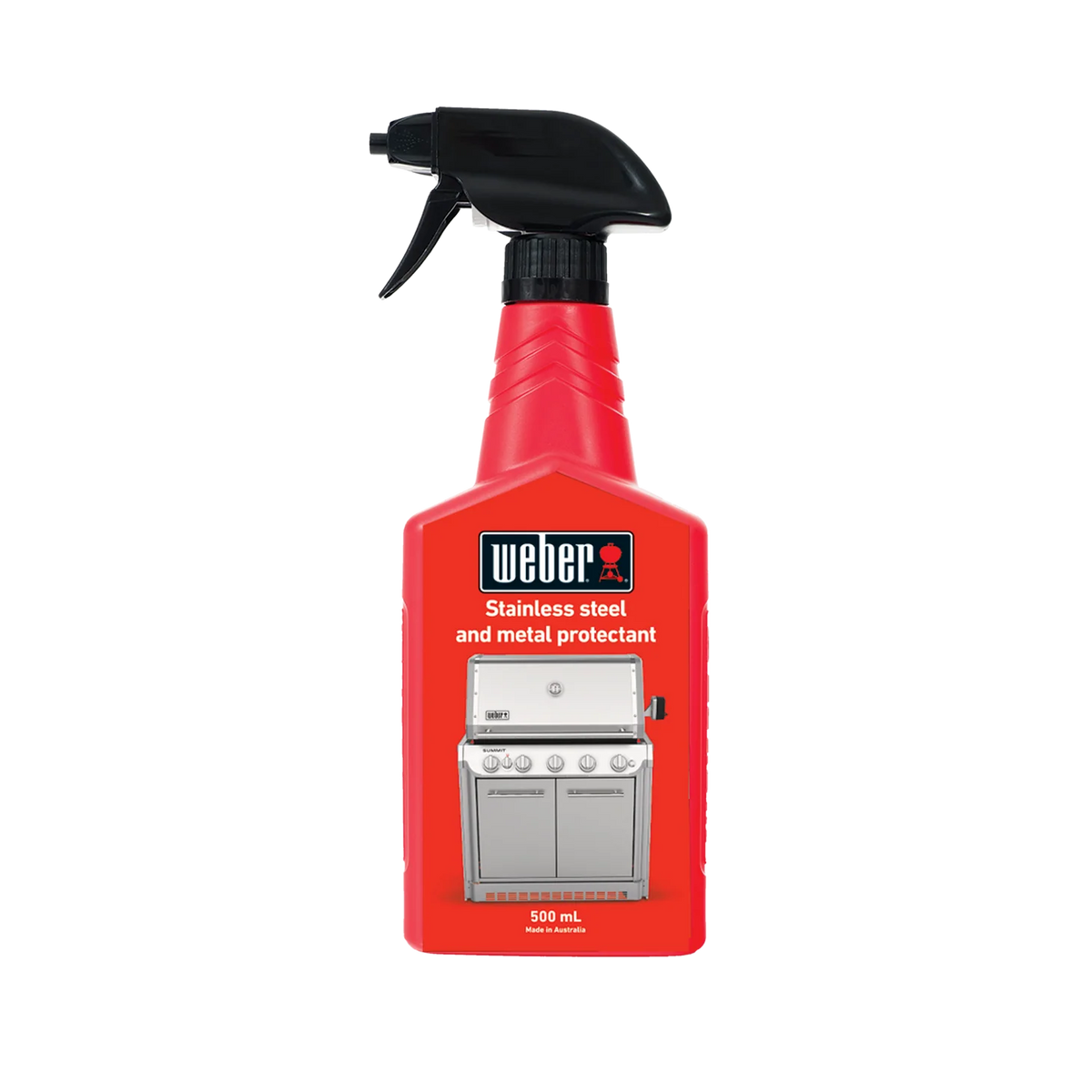 Weber stainless steel protectant spray in 500ml bottle, ideal for cleaning and maintaining stainless steel surfaces.