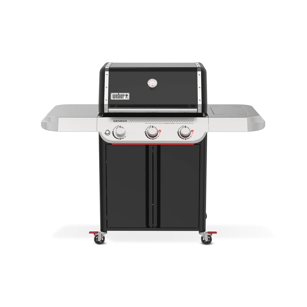 Weber Genesis E-325 Black LP gas grill from the Genesis Series with four burners and side shelves, outdoor cooking appliance.