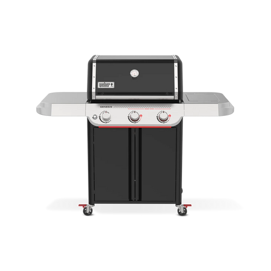 Weber Genesis E-325 Black LP gas grill from the Genesis Series with four burners and side shelves, outdoor cooking appliance.