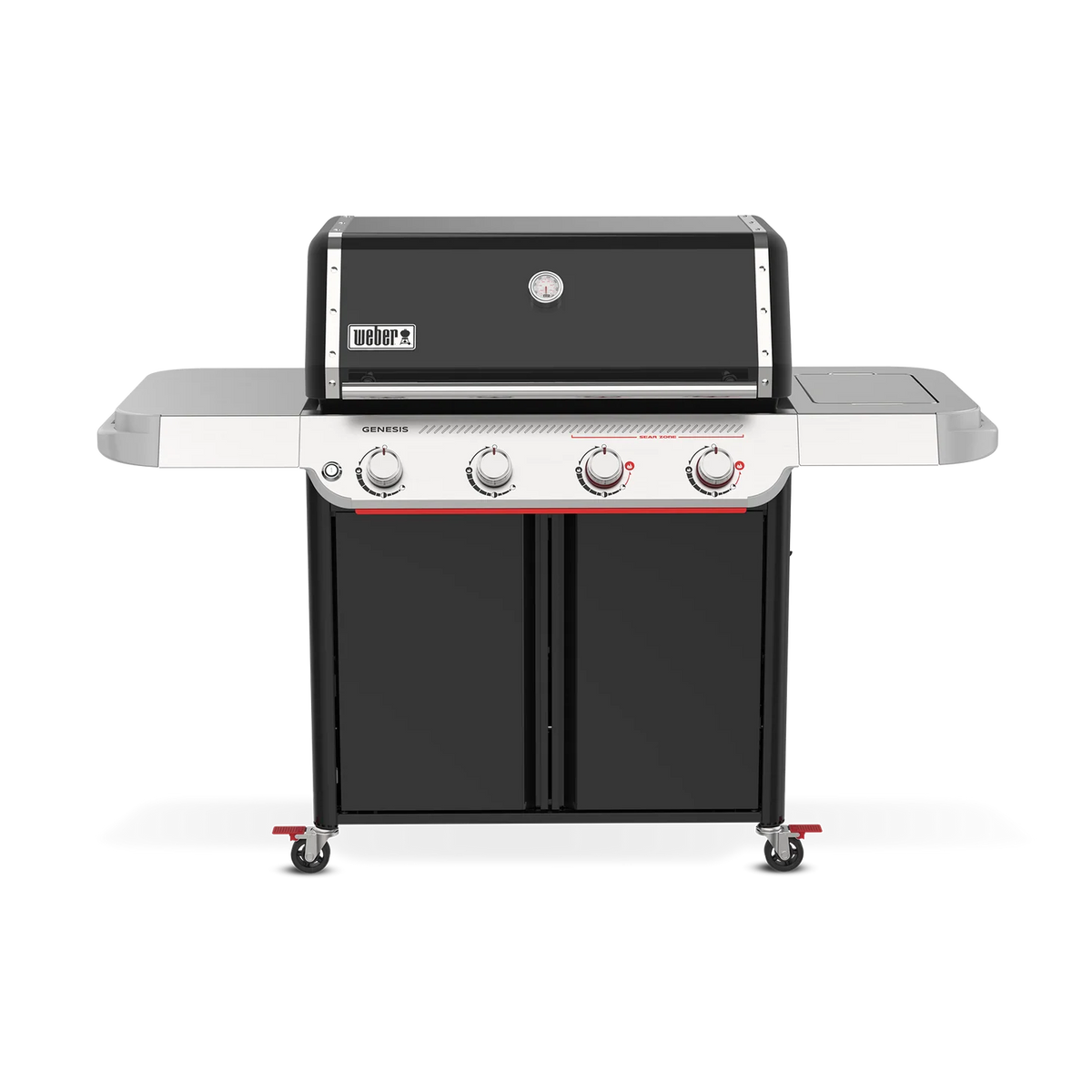 Weber Genesis E-425 Black LP gas grill from the Genesis Series with four burners and side shelves.