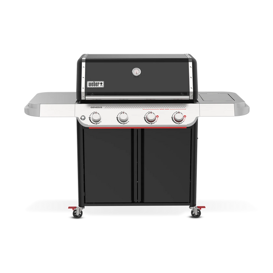 Weber Genesis E-425 Black LP gas grill from the Genesis Series with four burners and side shelves.