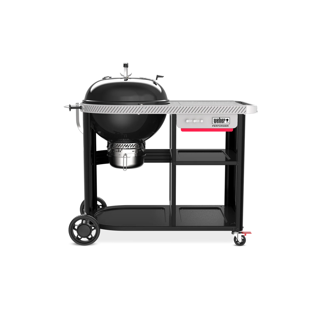 Black Weber Performer Premium kettle grill with 57cm cooking surface, shown with lid and vents, perfect for outdoor barbecues.