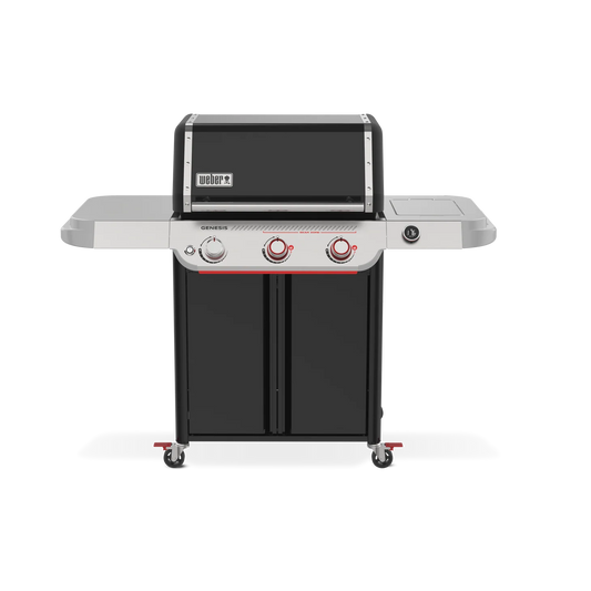 Front view of the Weber Genesis Smart EX-325 Black LP gas grill from the Genesis Series, featuring multiple burners and control knobs.