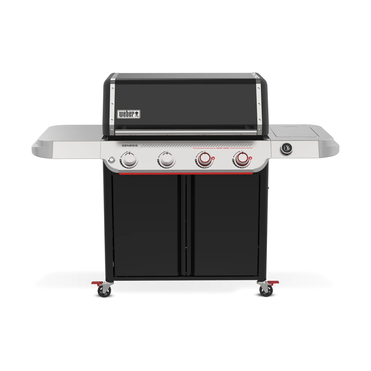 Front view of Weber Genesis Smart EX-425 black gas grill from the Genesis Series with four burners and control knobs.