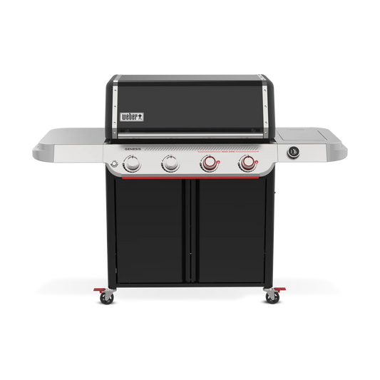 Front view of Weber Genesis Smart EX-425 black gas grill from the Genesis Series with four burners and control knobs.