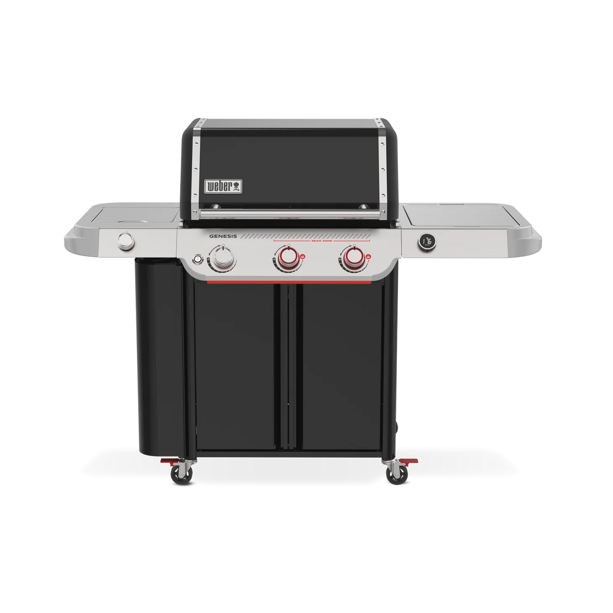 Front view of Weber Genesis Smart EPX-335 black LP gas grill from the Genesis Series, featuring control knobs and cooking surface.