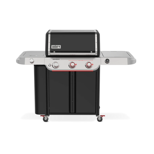 Front view of Weber Genesis Smart EPX-335 black LP gas grill from the Genesis Series, featuring control knobs and cooking surface.