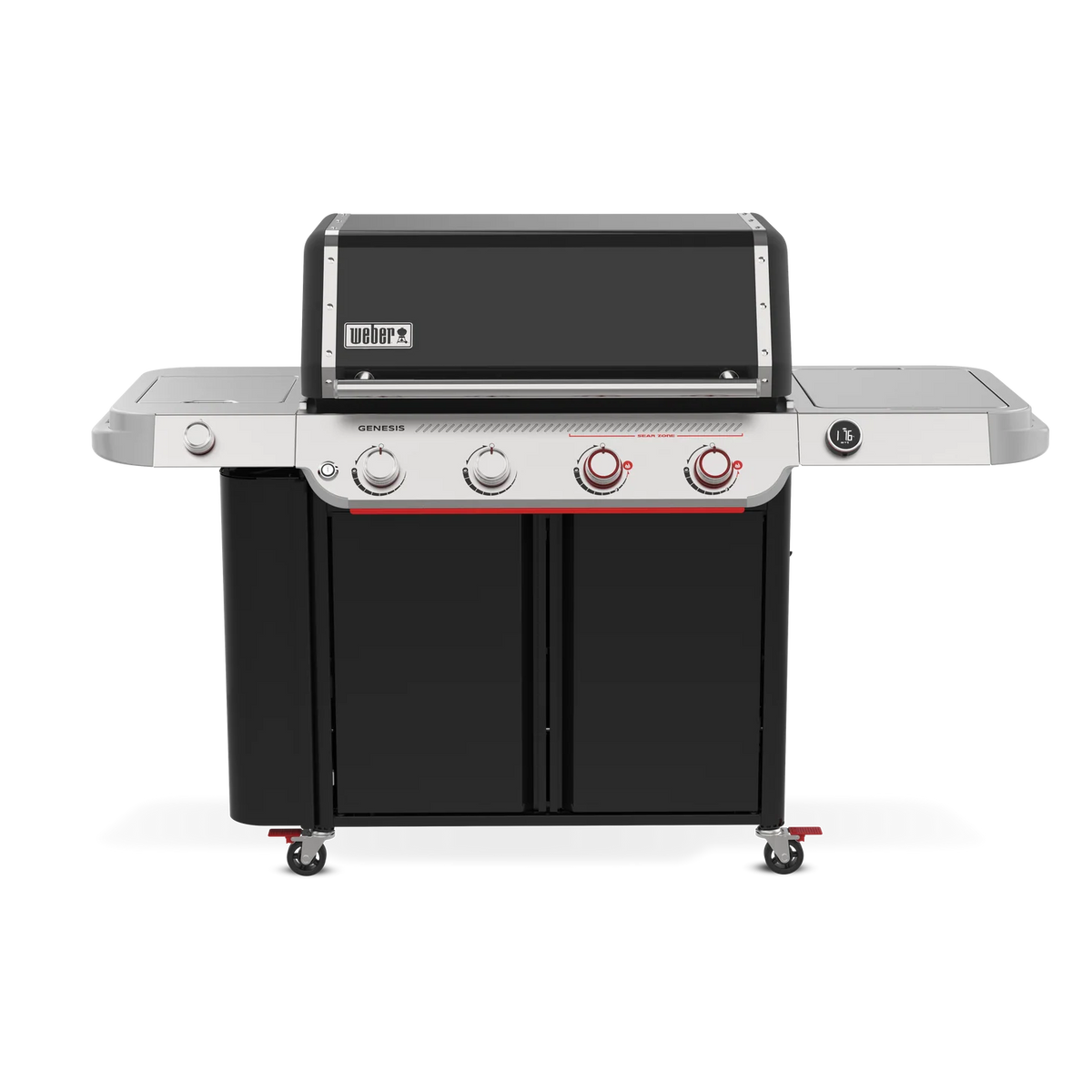 Front view of Weber Genesis Smart EPX-435 black LP gas grill from the Genesis Series, featuring control knobs and cooking surface.