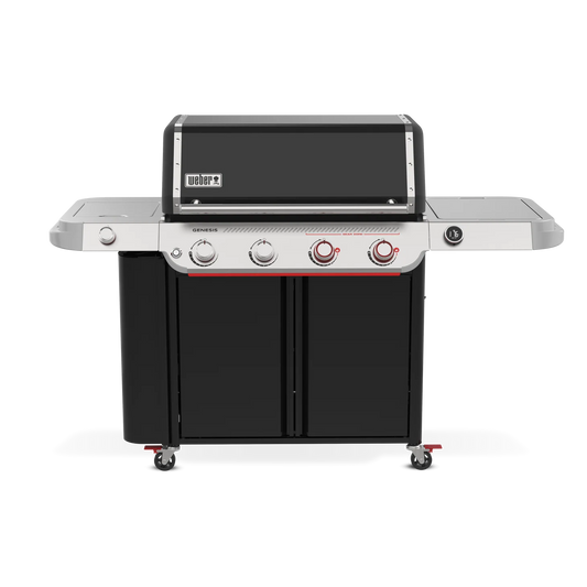 Front view of Weber Genesis Smart EPX-435 black LP gas grill from the Genesis Series, featuring control knobs and cooking surface.