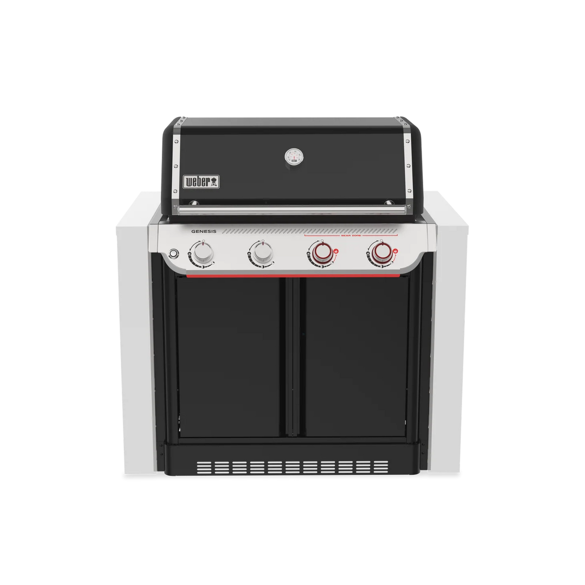 Front view of Weber Genesis E-460 built-in black LP grill from the Genesis Series with control knobs and cooking surface.