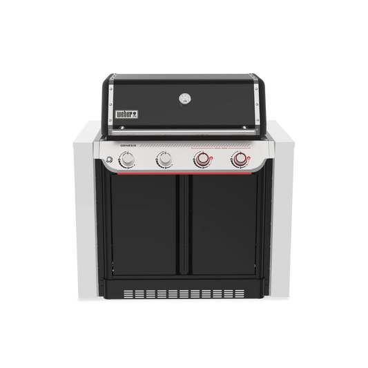 Front view of Weber Genesis E-460 built-in black LP grill from the Genesis Series with control knobs and cooking surface.