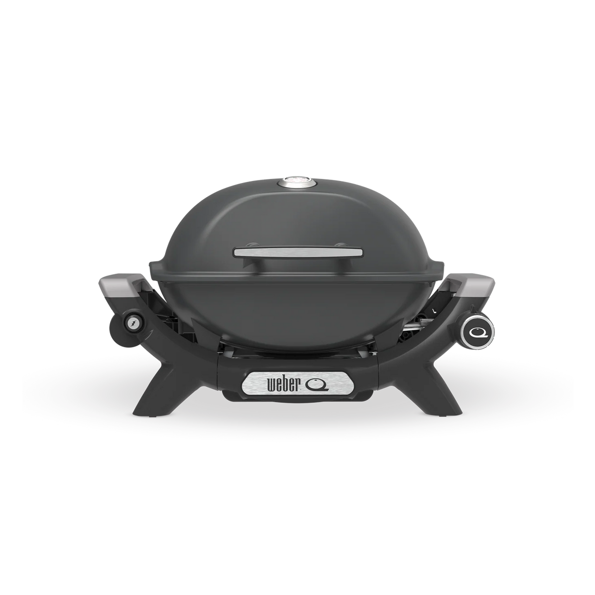 Weber Baby Q Premium Q1200N charcoal grey portable gas grill with lid and control knobs, ideal for outdoor cooking.