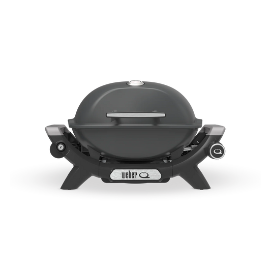 Weber Baby Q Premium Q1200N charcoal grey portable gas grill with lid and control knobs, ideal for outdoor cooking.