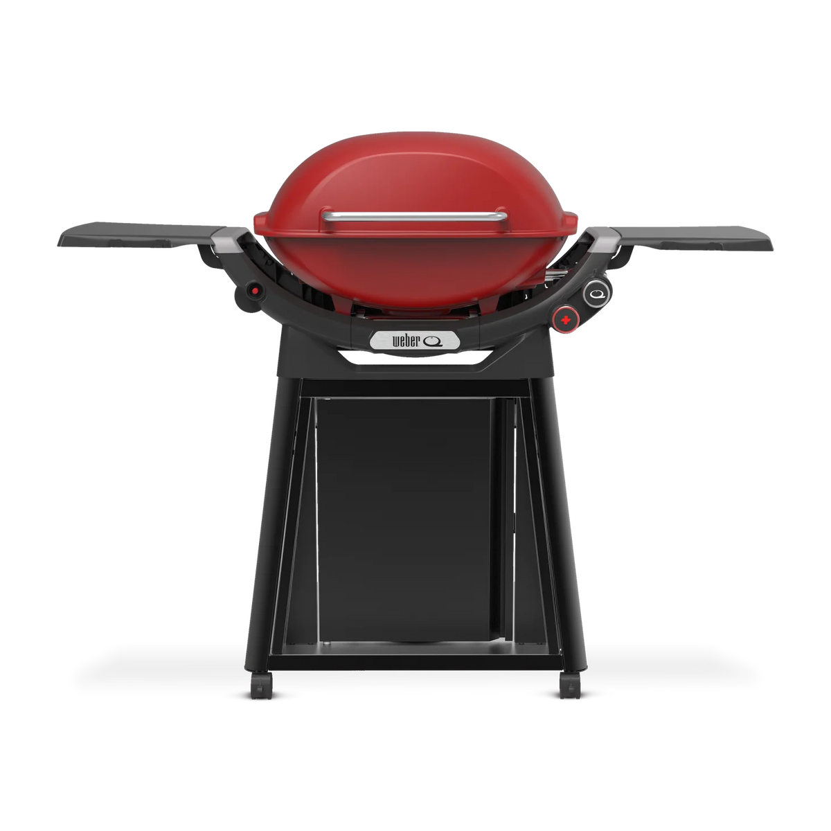Weber Family Q+ Q3100N+ Flame Red portable gas grill with lid and control knobs, ideal for outdoor cooking and barbecues.