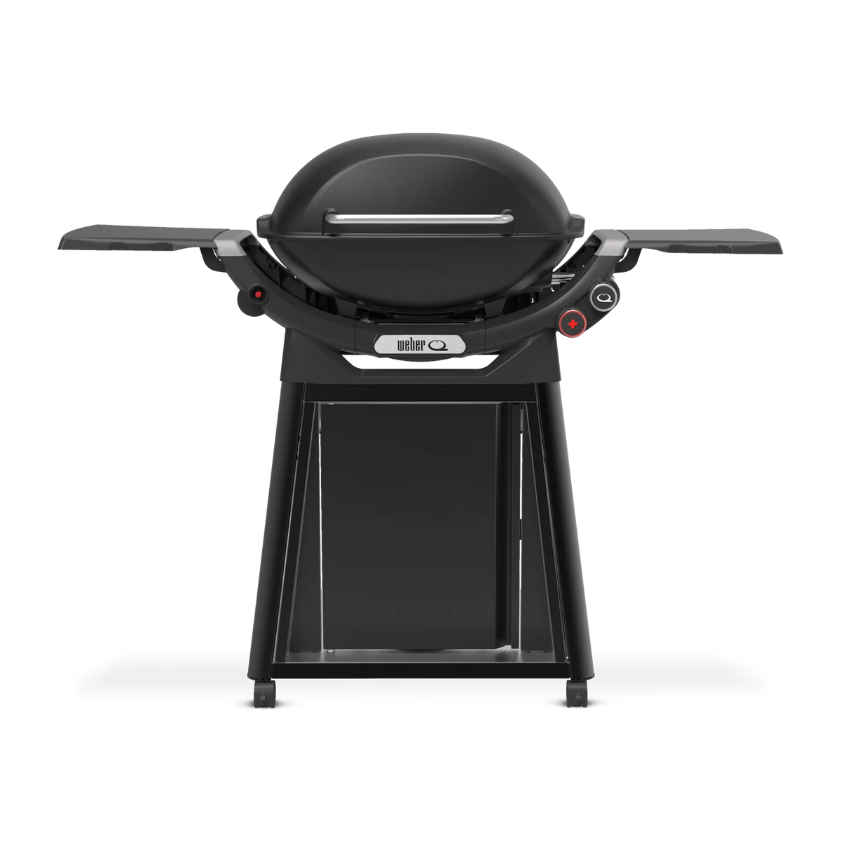 Weber Family Q+ Q3100N+ barbecue grill in midnight black with side shelves and control knobs, ideal for family outdoor cooking.