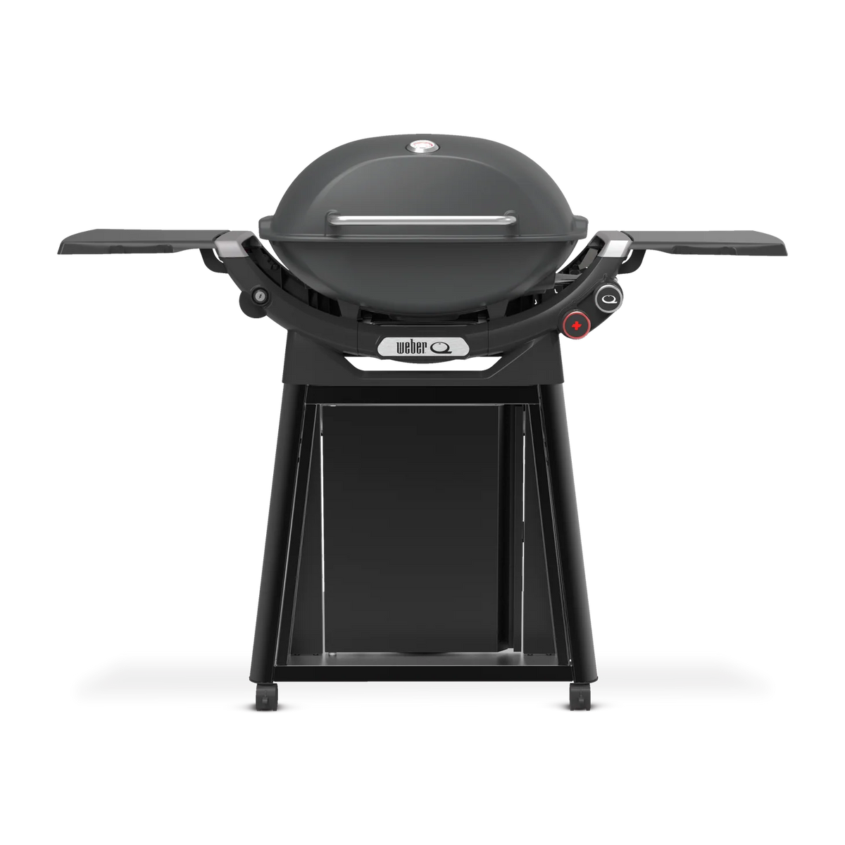 Weber Family Q+ Premium Q3200N+ charcoal grey portable gas grill with side tables and control panel for outdoor cooking.