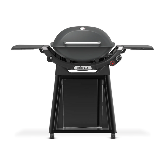 Weber Family Q+ Premium Q3200N+ charcoal grey portable gas grill with side tables and control panel for outdoor cooking.