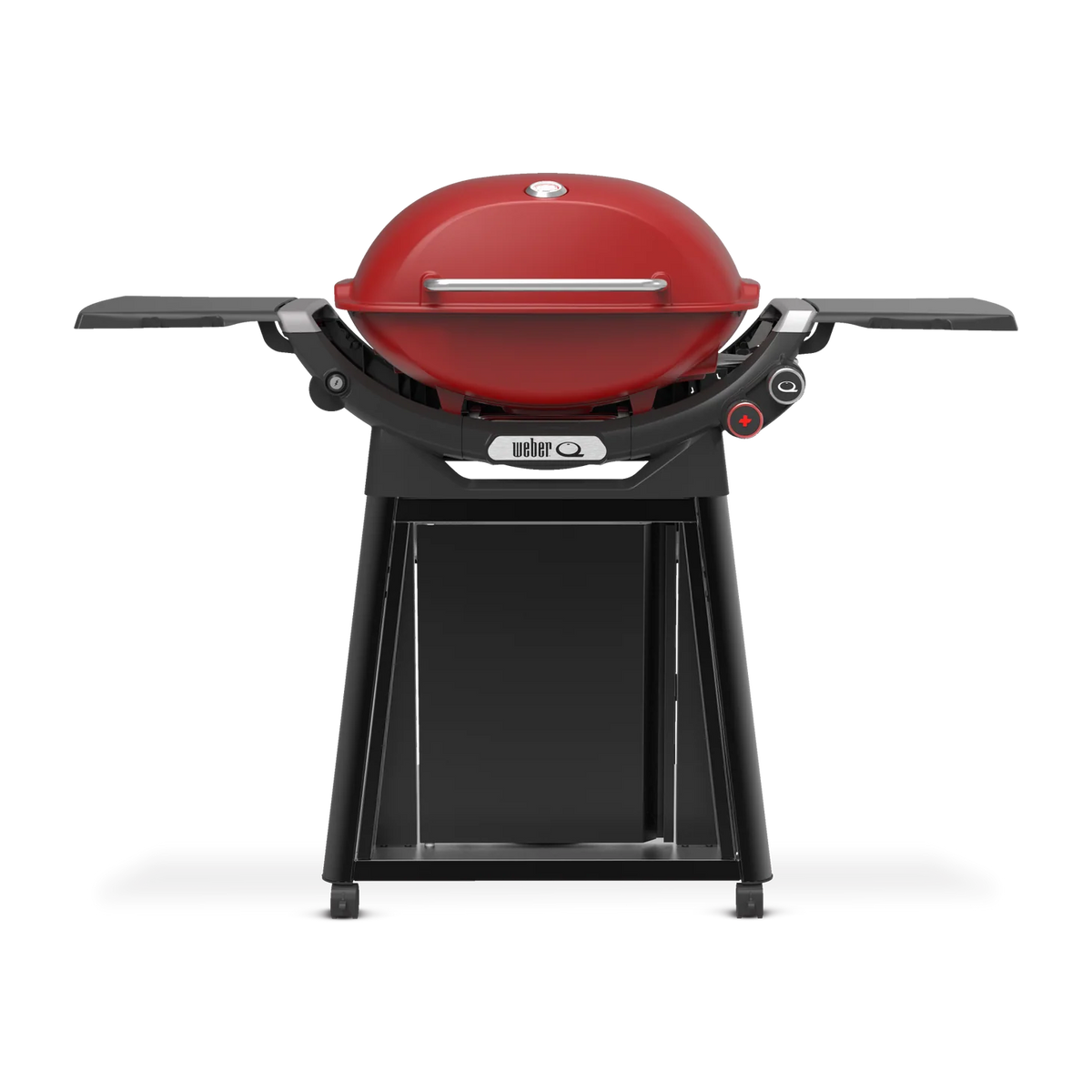 Weber Family Q+ Premium Q3200N+ flame red portable gas grill with lid and control knobs, ideal for outdoor cooking.