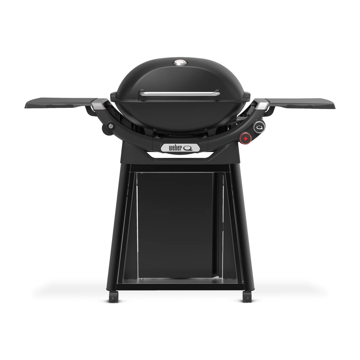 Weber Family Q+ Premium Q3200N+ portable gas grill in Midnight Black with side tables and control panel, front view.