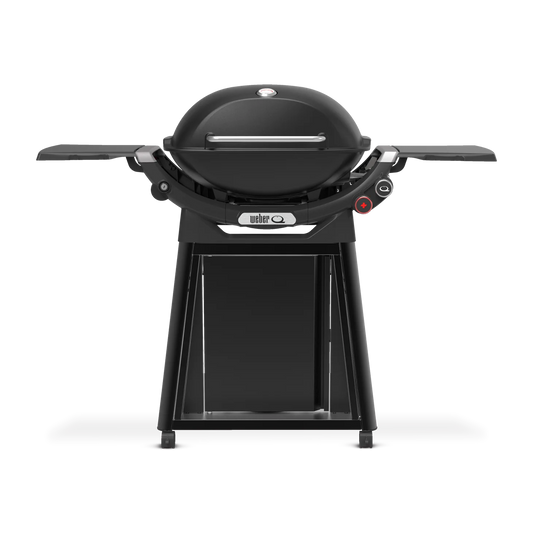 Weber Family Q+ Premium Q3200N+ portable gas grill in Midnight Black with side tables and control panel, front view.