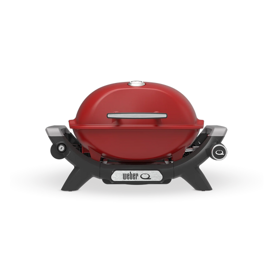 Weber Baby Q Premium Q1200N Flame Red portable gas grill with lid and control knob, ideal for outdoor cooking.