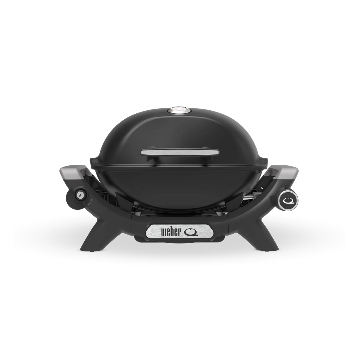 Weber Baby Q Premium Q1200N gas grill in Midnight Black with compact design and side handle, ideal for outdoor cooking.
