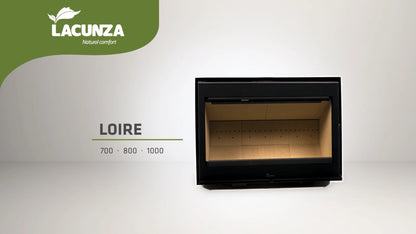 Lacunza Loire 800 F/S wood fireplace with glass door and modern design, ideal for home heating and cozy ambiance.