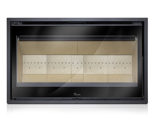 Lacunza Loire 1000 wood fireplace with complete fans and fascia, showcasing its sleek design and modern finishing.
