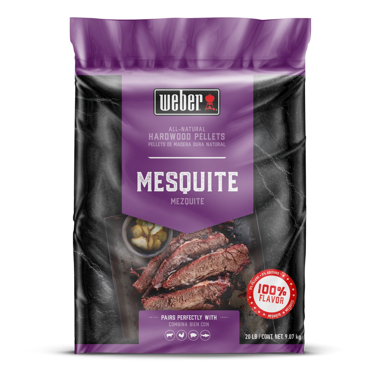 Weber Mesquite Wood Pellets for grilling, ideal for smoking and BBQ, with natural wood texture and branding visible.