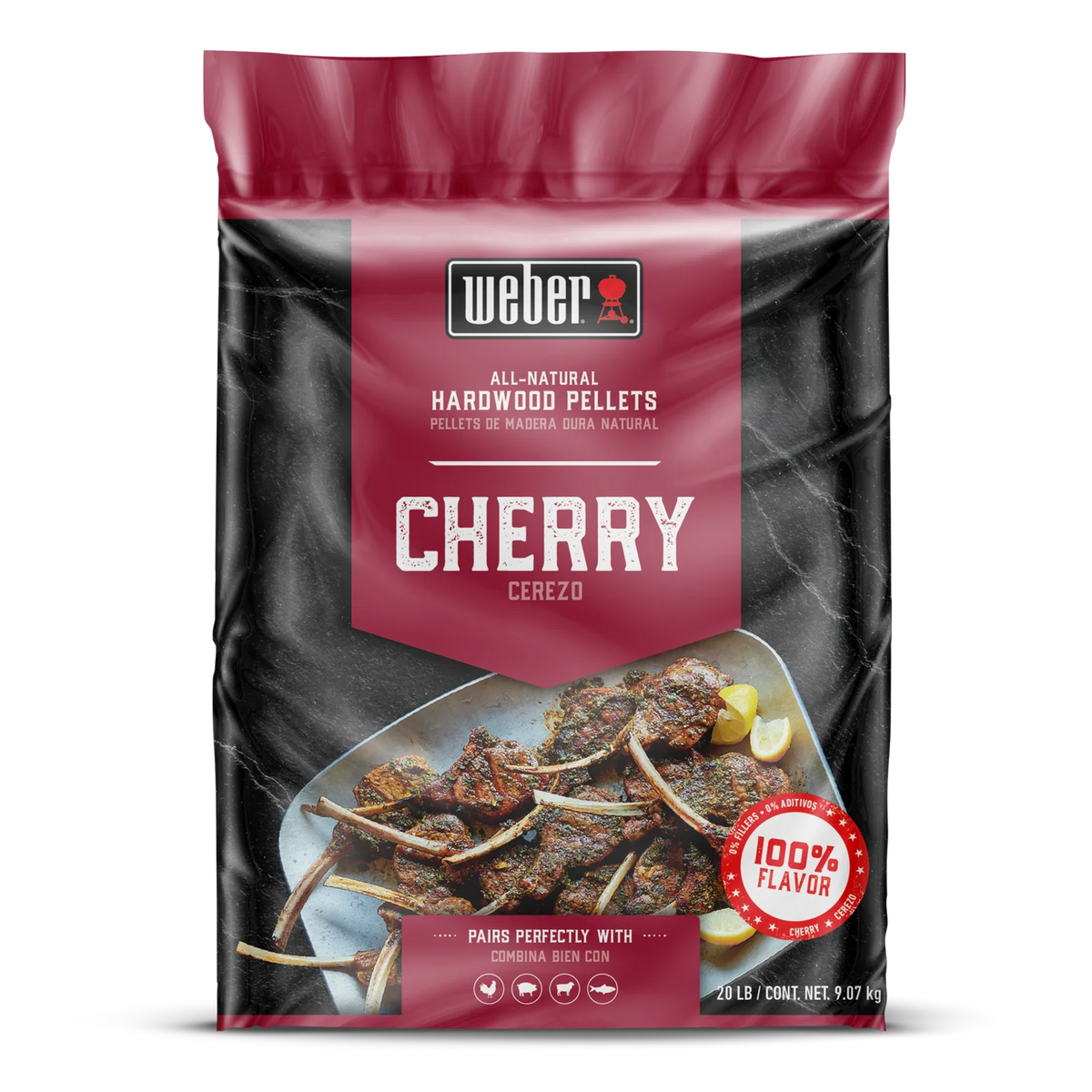 Weber Cherry Wood Pellets for grilling, natural briquettes and charcoal, with a close-up of the pellet bag on a white background.