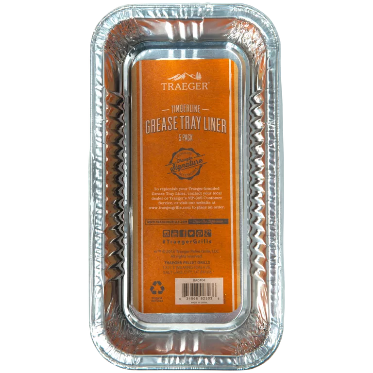 Set of five Traeger Timberline grease tray liners for BBQ grills, designed to catch drippings and keep the grill clean.