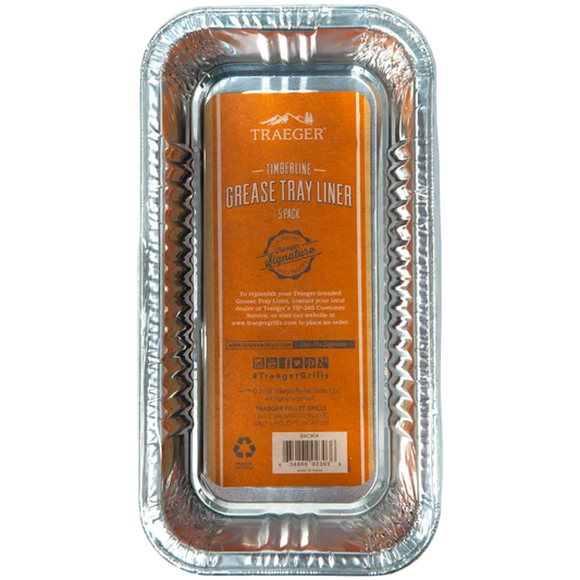 Set of five Traeger Timberline grease tray liners for BBQ grills, designed to catch drippings and keep the grill clean.