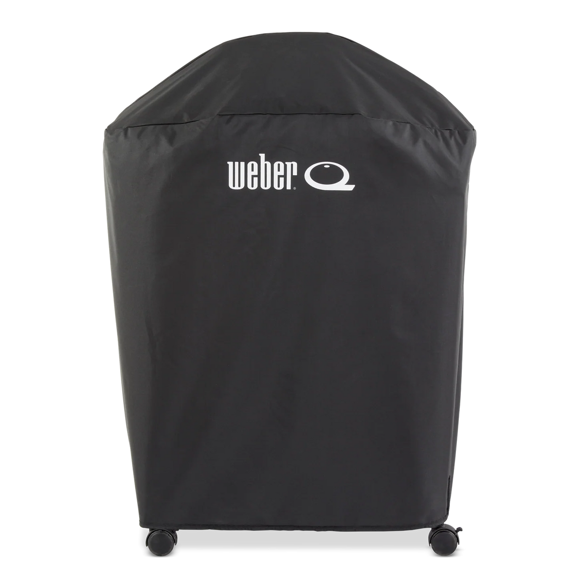 Weber Premium Barbecue and Cart Cover for Family Q grill, durable weather-resistant cover with adjustable straps, black fabric.