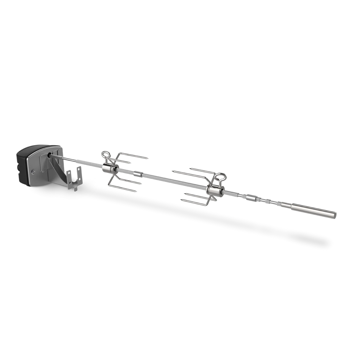 Weber Searwood Spirit rotisserie attachment with stainless steel frame and rotating spit for even cooking.