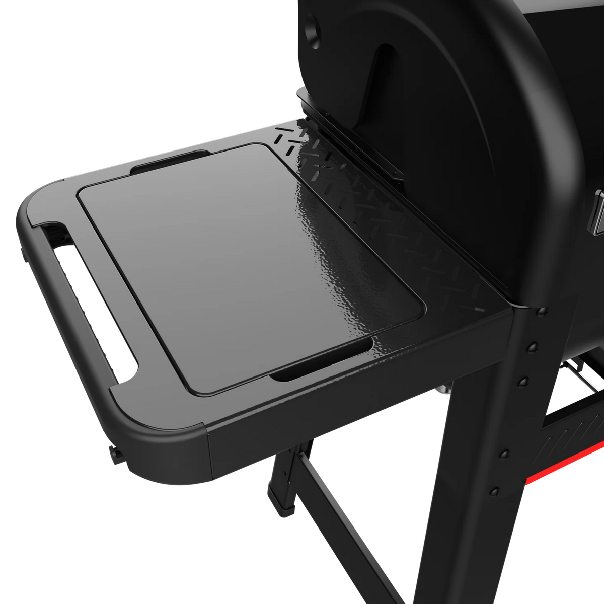 Weber Works side table for pellet grill, green color, sturdy surface for cooking tools and accessories, compatible with Weber pellet grills.