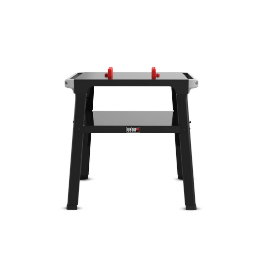 Front view of Weber Lumin Stand, a sturdy cart designed for outdoor BBQ and fireplace accessories.