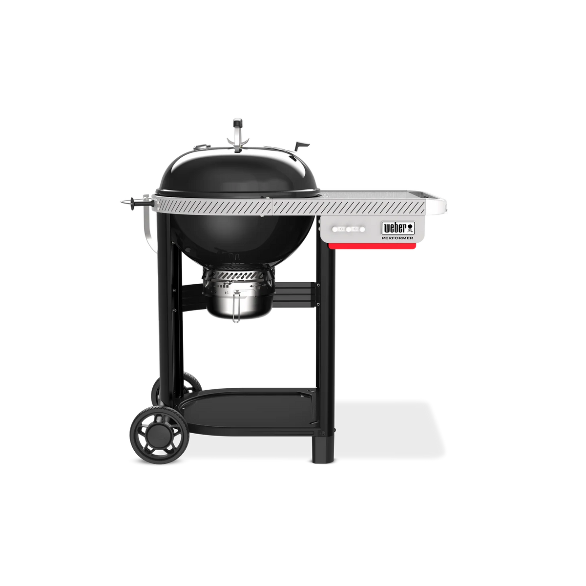Black Weber Performer kettle grill with 57cm cooking surface, featuring a sturdy metal stand and lid handle, ideal for outdoor barbecues.