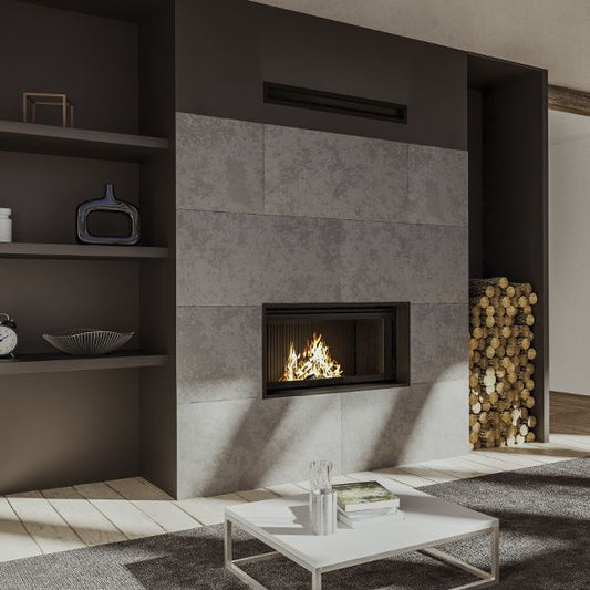 Axis XP120 single-sided panoramic wood fireplace with cast iron liner, featuring lift and swing door for easy access.