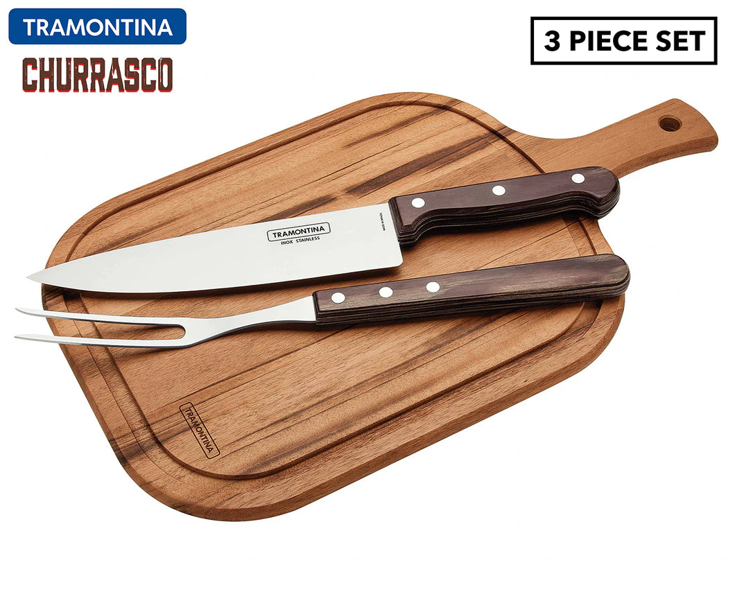 Tramontina 3 Pc Carving Set knife, fork & wooden board