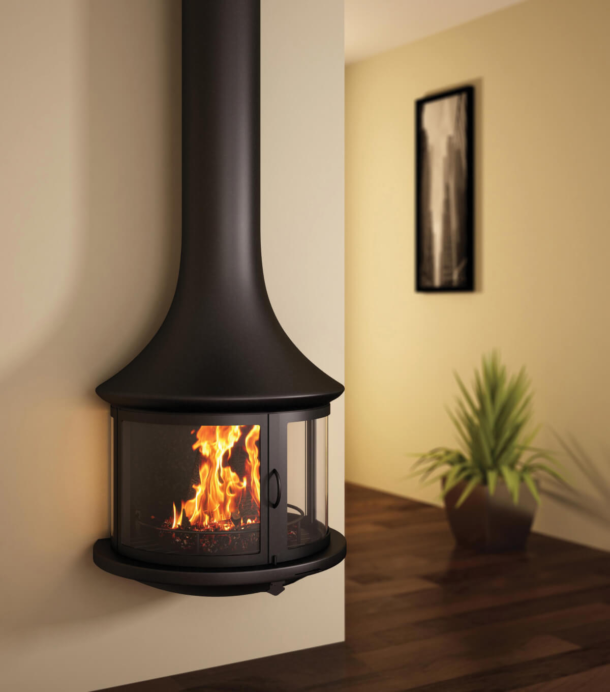 Bordelet Lea 998 black wall-mounted wood fireplace showcasing sleek modern design and compact heating unit.