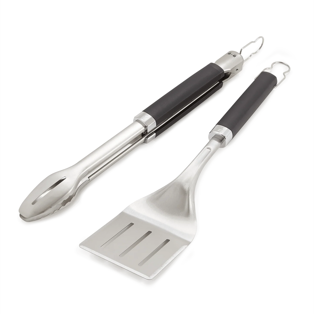 Weber 2-piece tool set with tongs and spatula, stainless steel utensils for grilling and cooking, displayed on a white background.