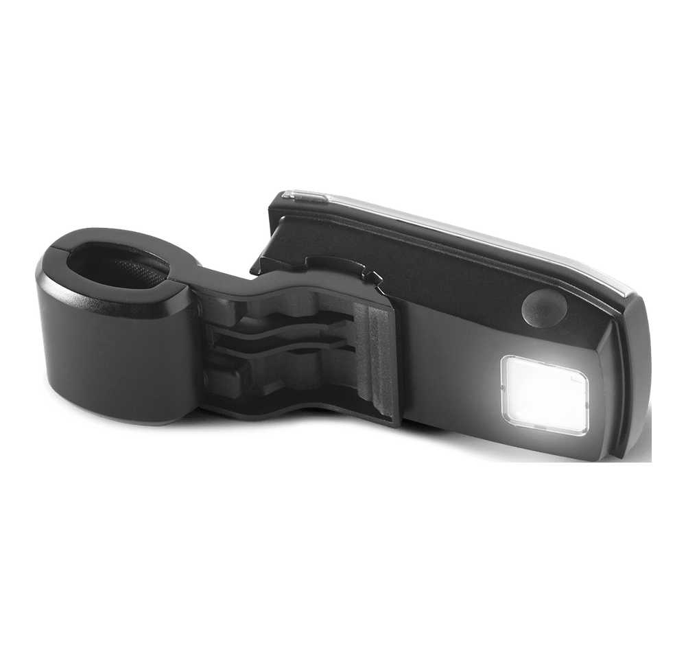 Weber Grill n Go handle light attached to a portable grill cart, providing illumination for outdoor grilling in low light.