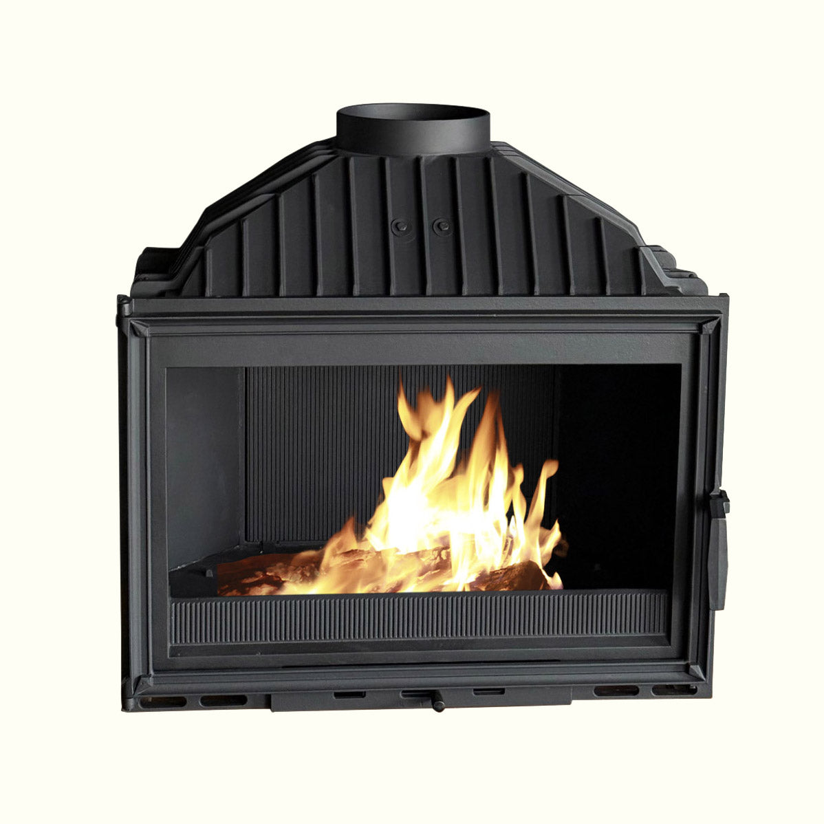 Cheminees Philippe 800 Swing wood fireplace with open door, designed to heat up to 260 sqm, showcasing the sleek, modern design.
